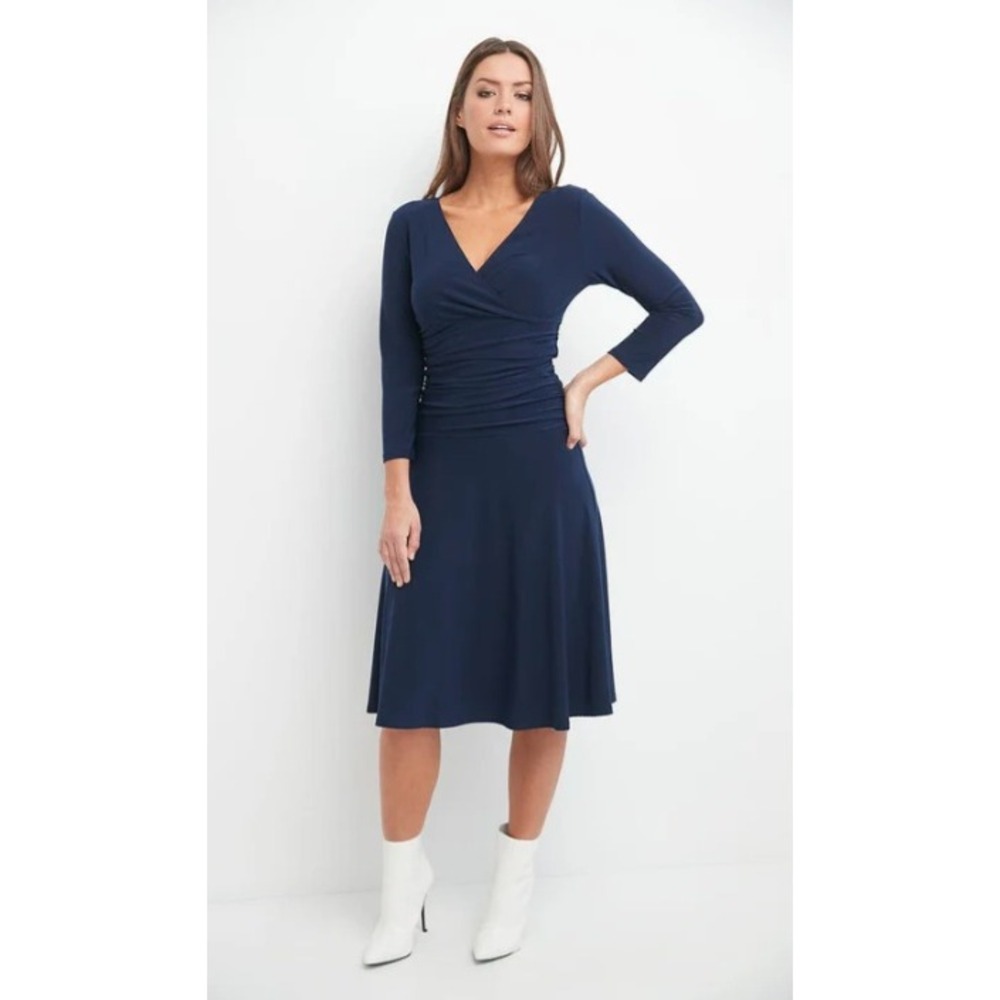 Rekucci Woman's Form-fitting 3/4 Sleeve Dress Ruching Navy Blue‎ 14P Flattering